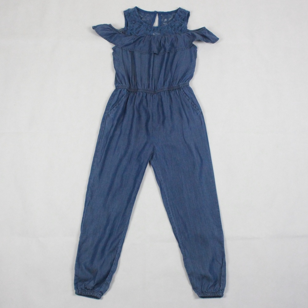 Big Girls Cold Shoulder Lace Chambray Jumpsuit